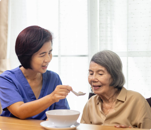 Caregiver helping senior with mealtime assistance